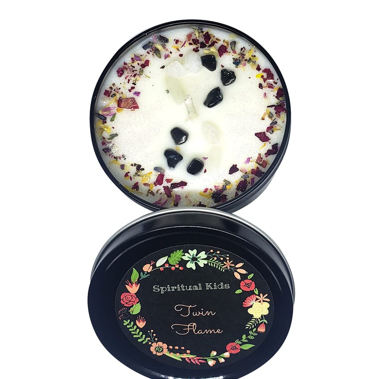 Twin Flame Divine Union Crystal 8 Oz Candle hand poured with soy wax/essential oils, dried flowers, and energized crystals of protection Love Spell Scent